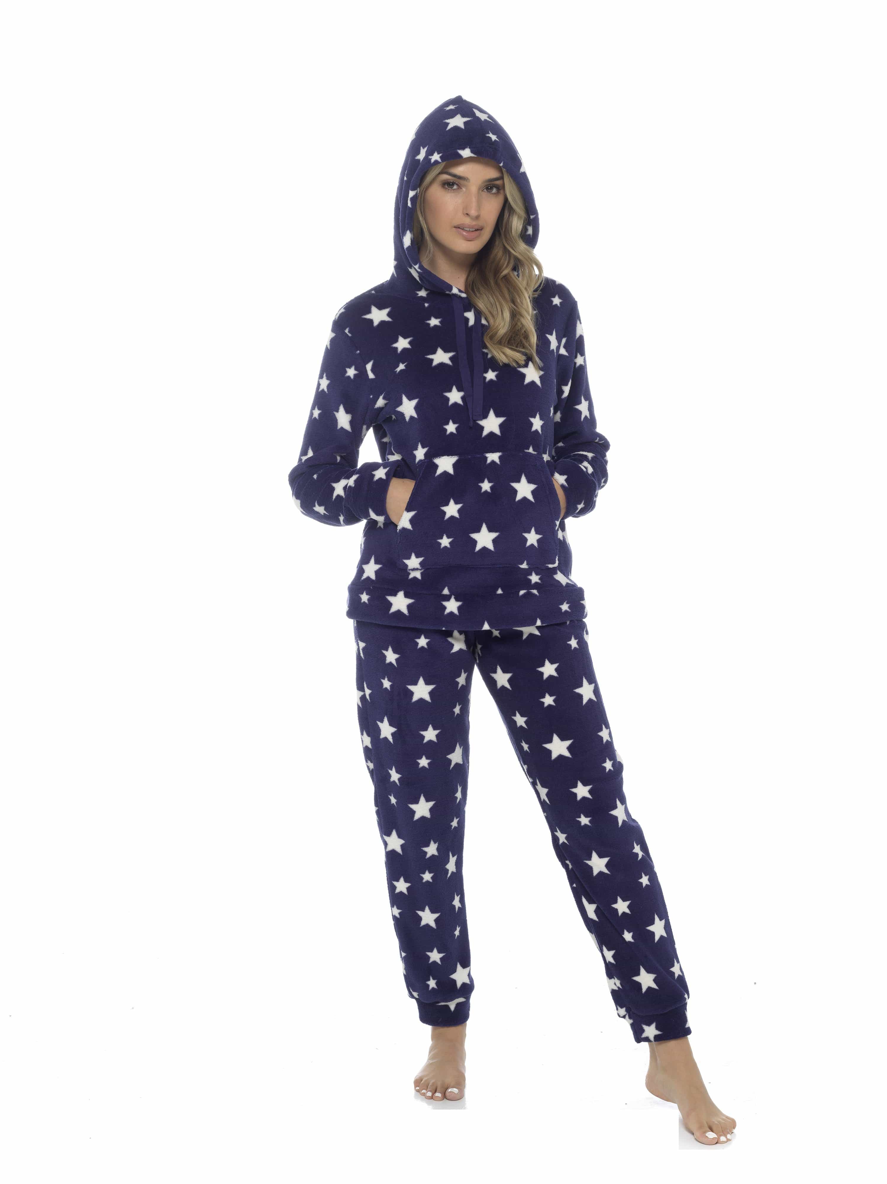 OLIVIA ROCCO Women's Stars Plush Fleece Hooded Pyjama Set – Soft Loungewear