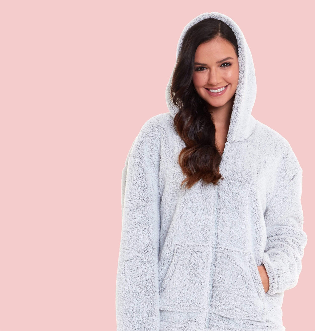 OLIVIA ROCCO Plush Fleece Hooded Pyjama Set – Grey Teddy Zipped Loungewear