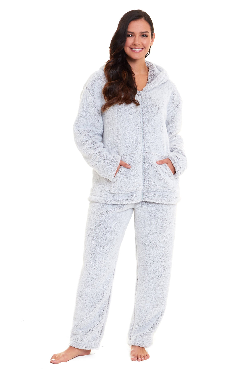OLIVIA ROCCO Plush Fleece Hooded Pyjama Set – Grey Teddy Zipped Loungewear