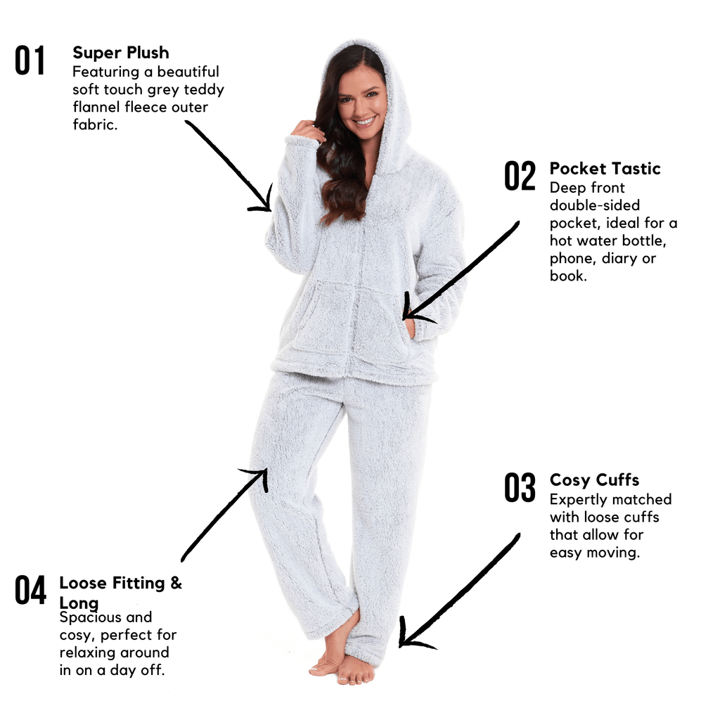 OLIVIA ROCCO Plush Fleece Hooded Pyjama Set – Grey Teddy Zipped Loungewear
