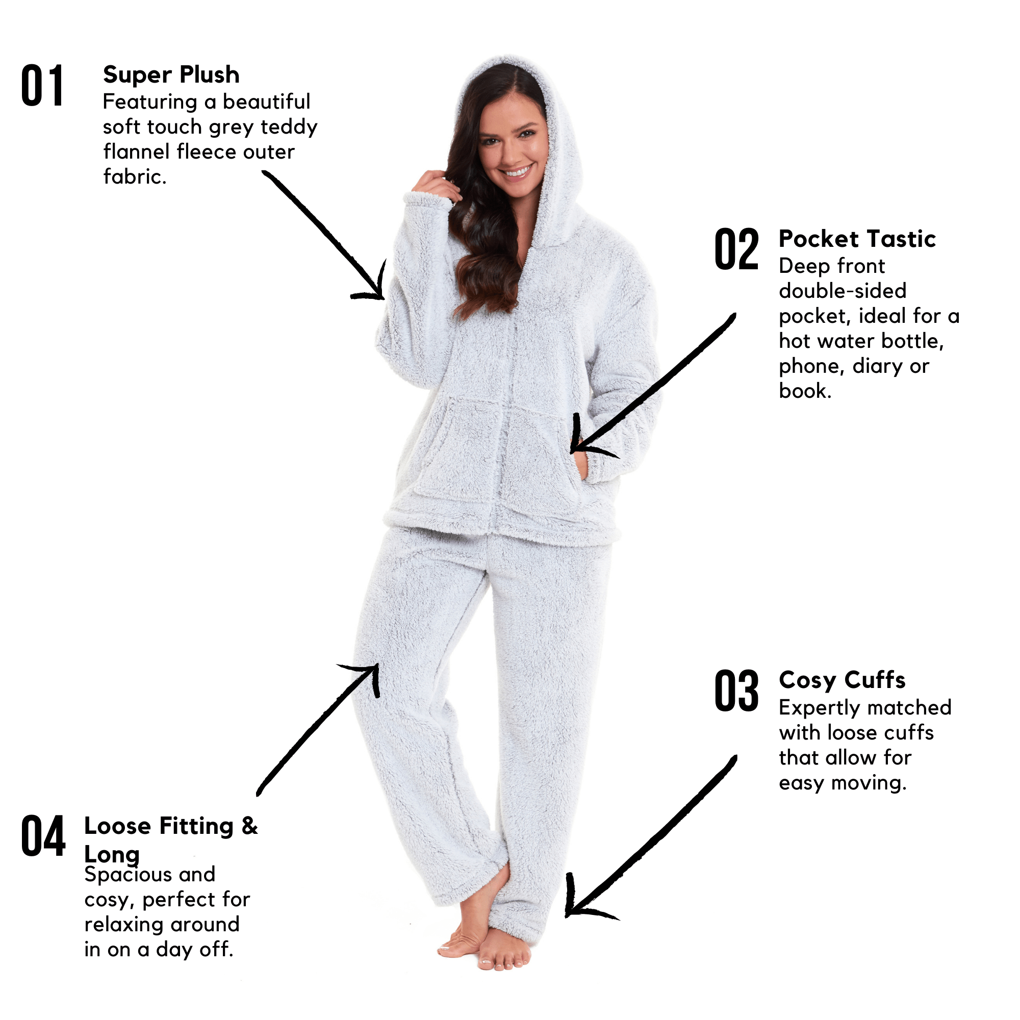 OLIVIA ROCCO Plush Fleece Hooded Pyjama Set – Grey Teddy Zipped Loungewear
