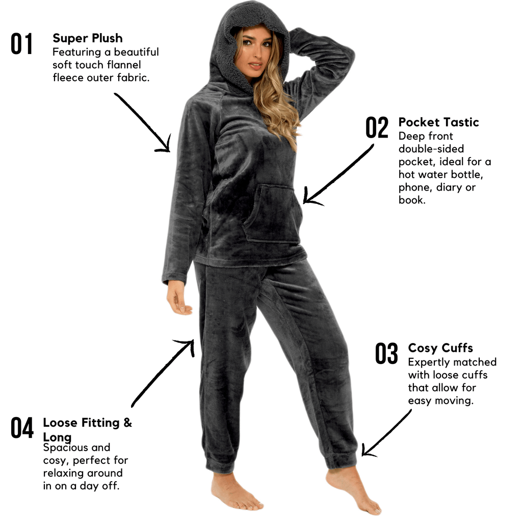 OLIVIA ROCCO Women's Fleece Pyjama Set – Sherpa Lined Hooded Loungewear