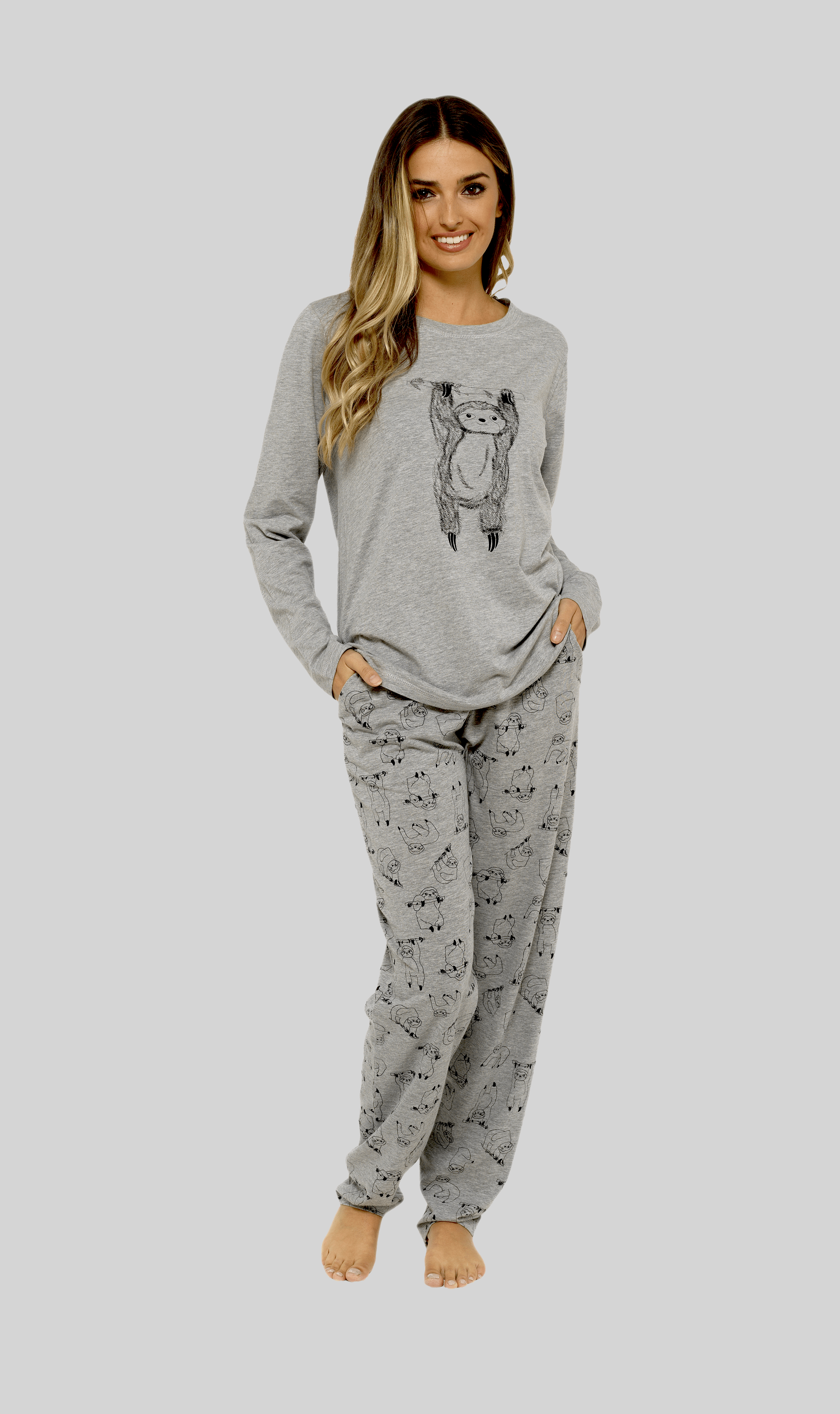 OLIVIA ROCCO Women's Cotton Pyjama Set – Grey Sloth Print Sleepwear