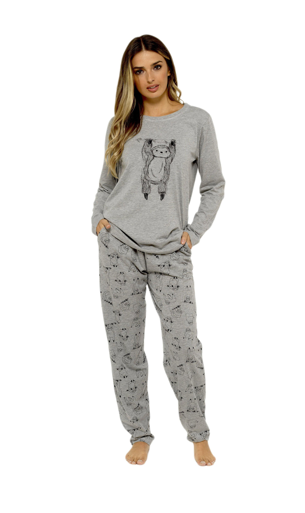 OLIVIA ROCCO Women's Cotton Pyjama Set – Grey Sloth Print Sleepwear
