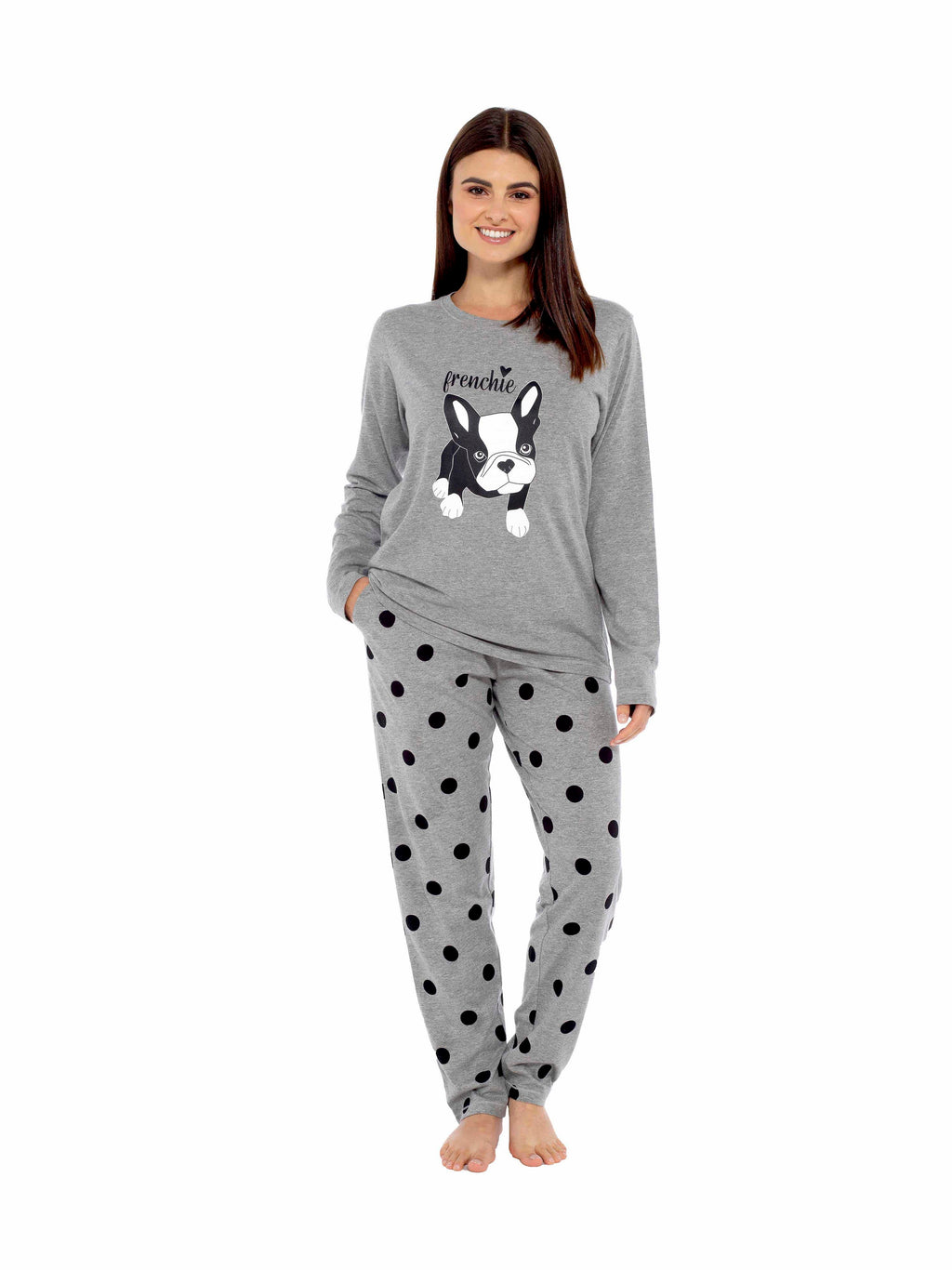 OLIVIA ROCCO Women's Cotton Pyjama Set – Grey Polka Dot Frenchie Pugs