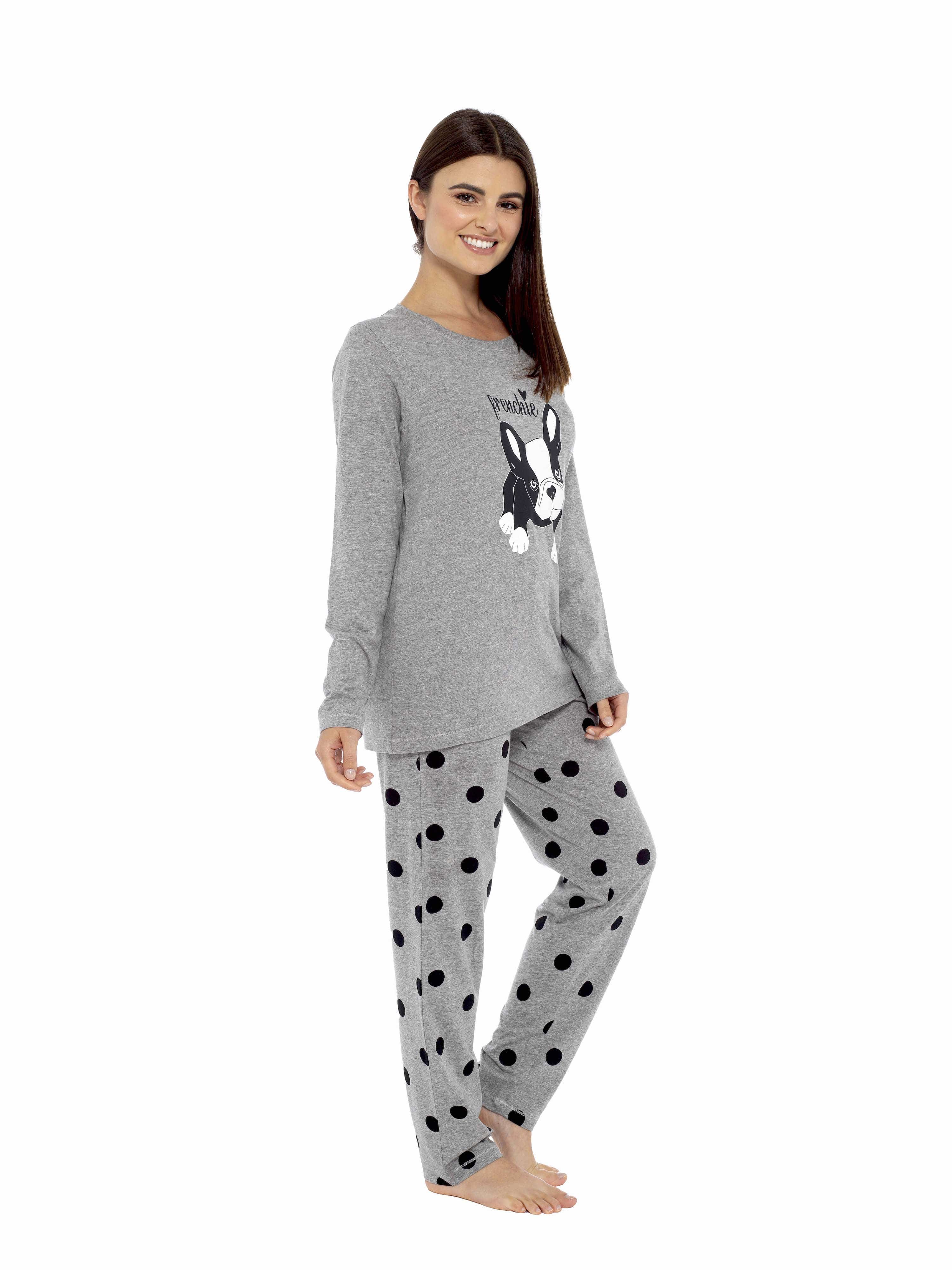 OLIVIA ROCCO Women's Cotton Pyjama Set – Grey Polka Dot Frenchie Pugs