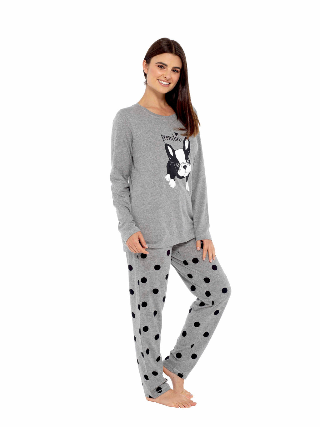 OLIVIA ROCCO Women's Cotton Pyjama Set – Grey Polka Dot Frenchie Pugs