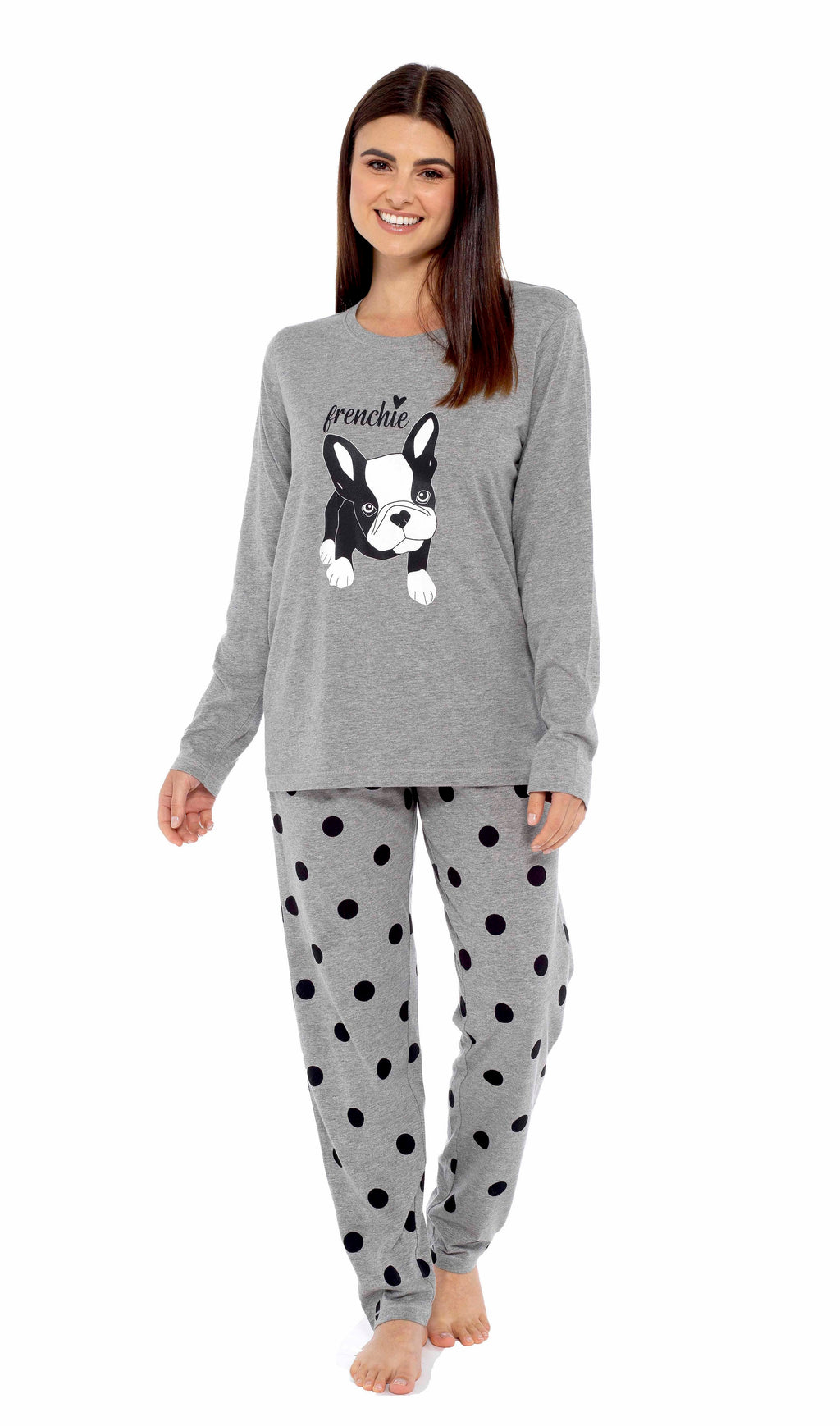 OLIVIA ROCCO Women's Cotton Pyjama Set – Grey Polka Dot Frenchie Pugs