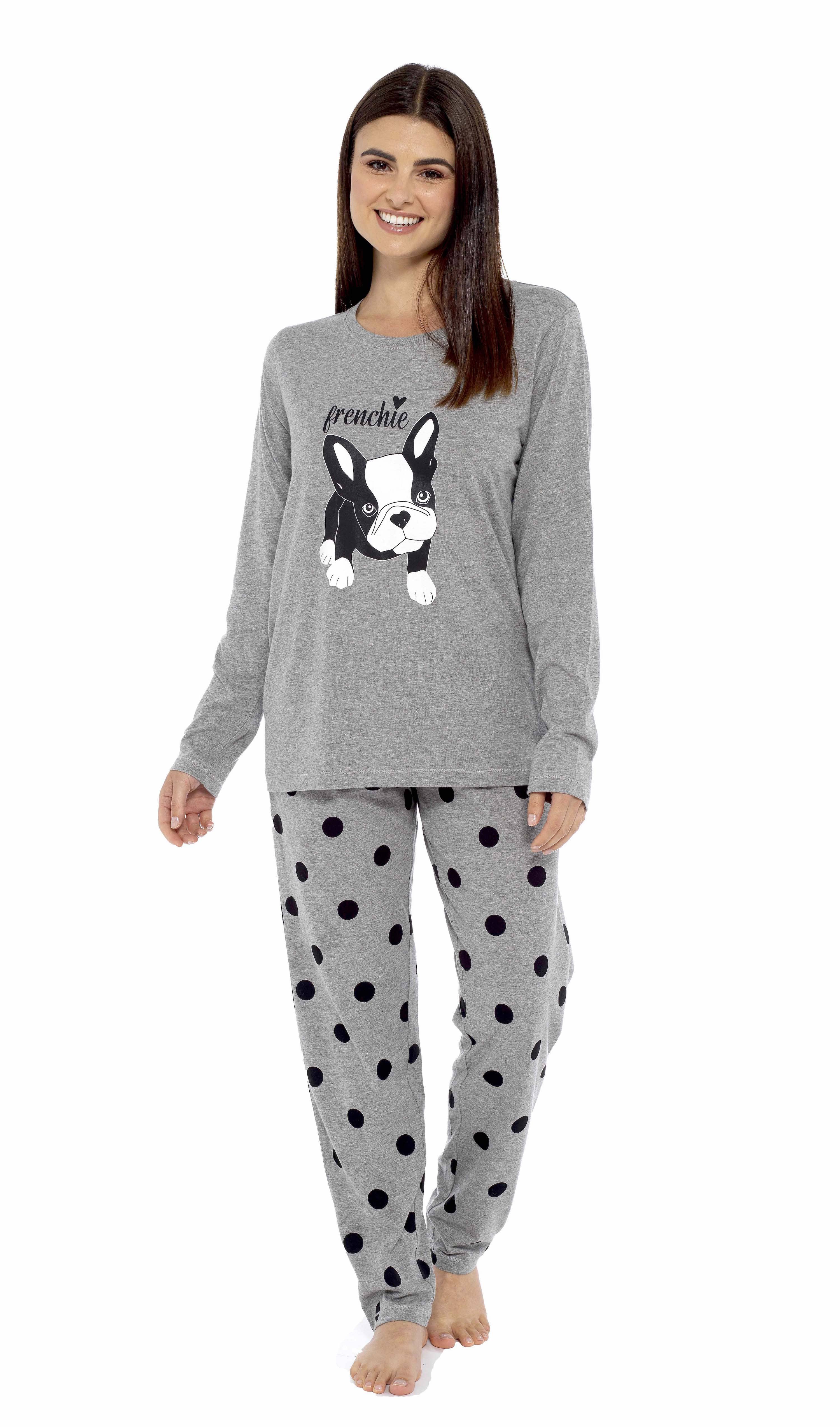 OLIVIA ROCCO Women's Cotton Pyjama Set – Grey Polka Dot Frenchie Pugs