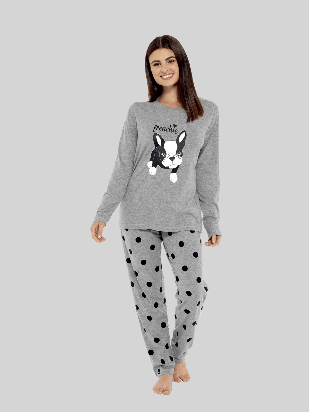 OLIVIA ROCCO Women's Cotton Pyjama Set – Grey Polka Dot Frenchie Pugs
