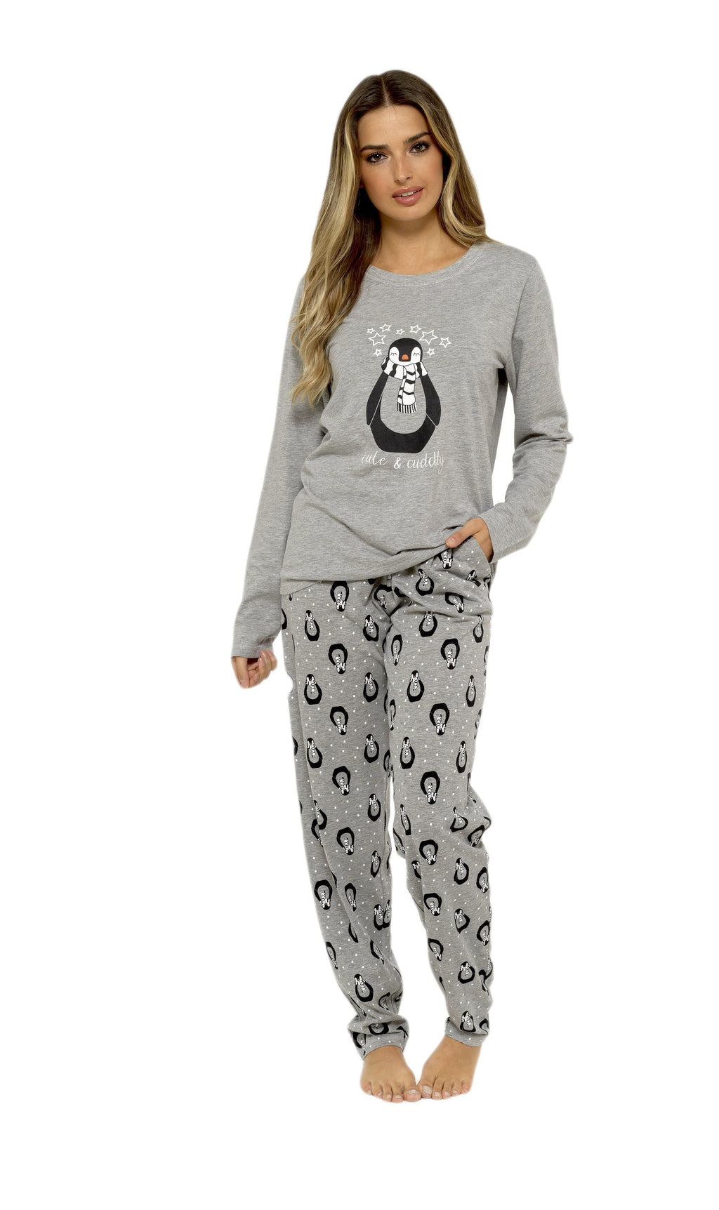 OLIVIA ROCCO Women's Cotton Pyjama Set – Grey Penguin Stars Nightwear