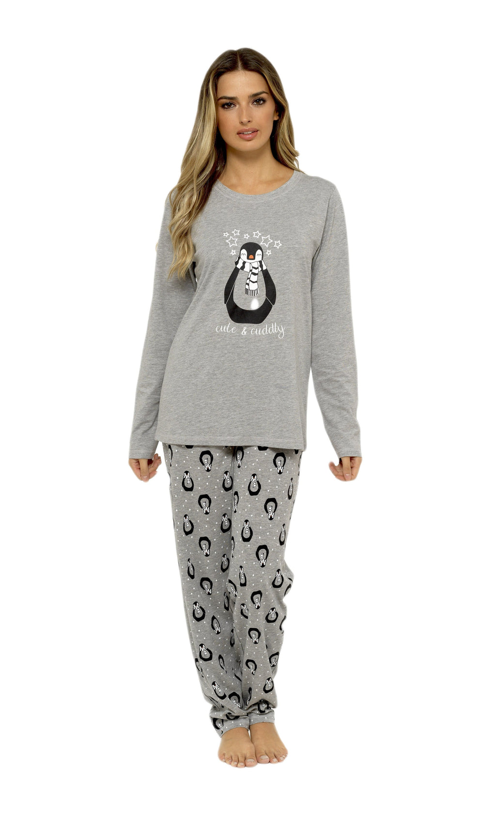 OLIVIA ROCCO Women's Cotton Pyjama Set – Grey Penguin Stars Nightwear