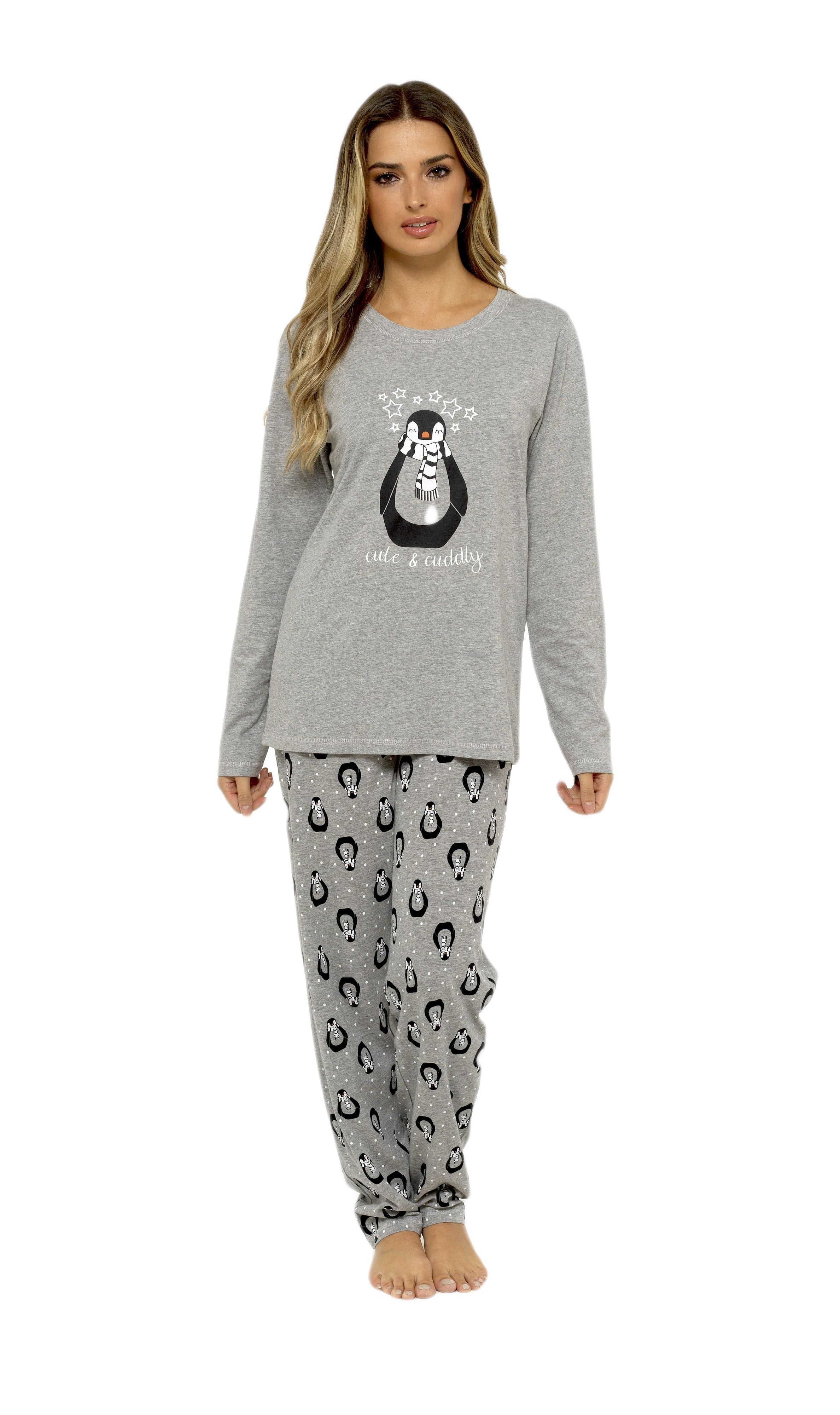 OLIVIA ROCCO Women's Cotton Pyjama Set – Grey Penguin Stars Nightwear