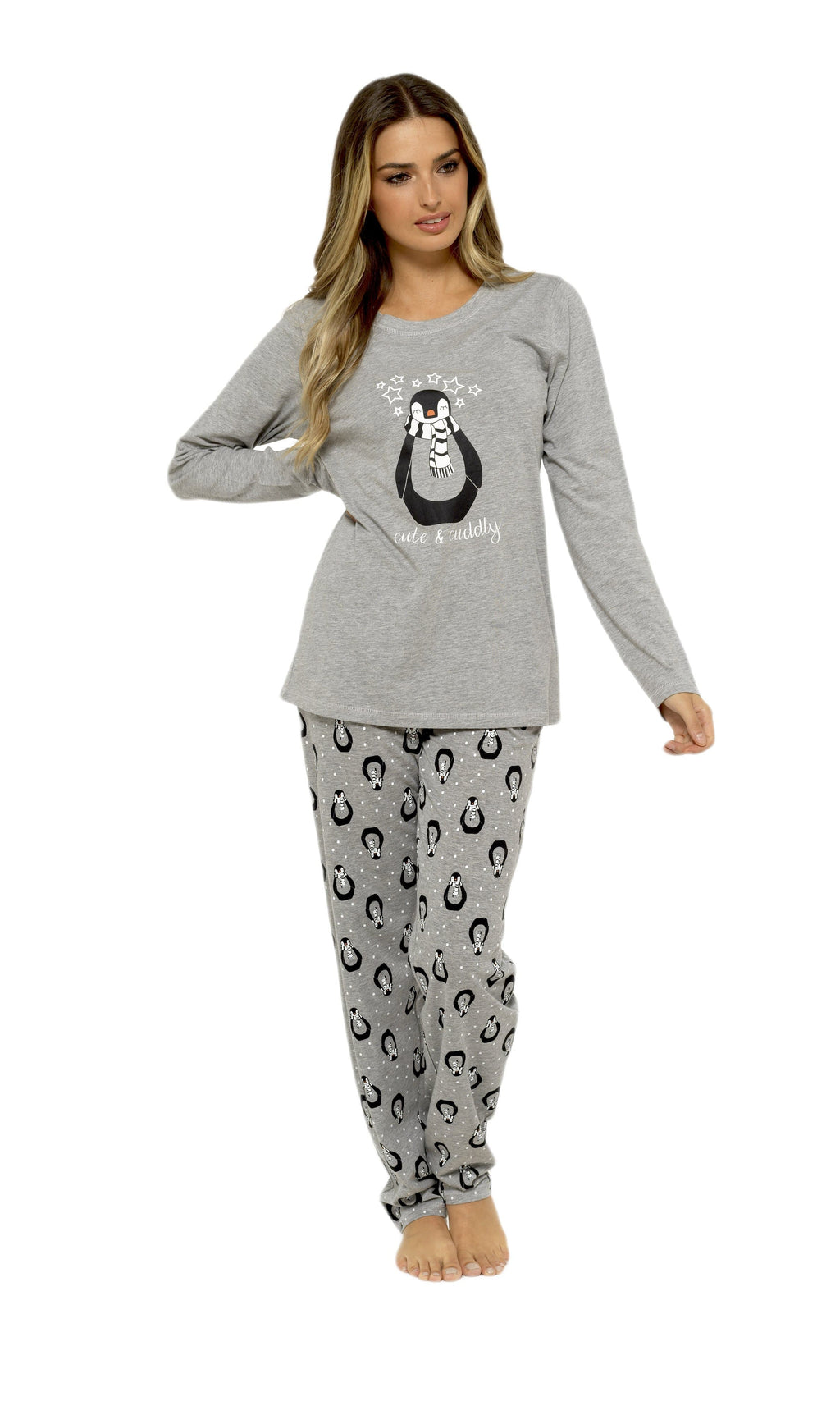 OLIVIA ROCCO Women's Cotton Pyjama Set – Grey Penguin Stars Nightwear
