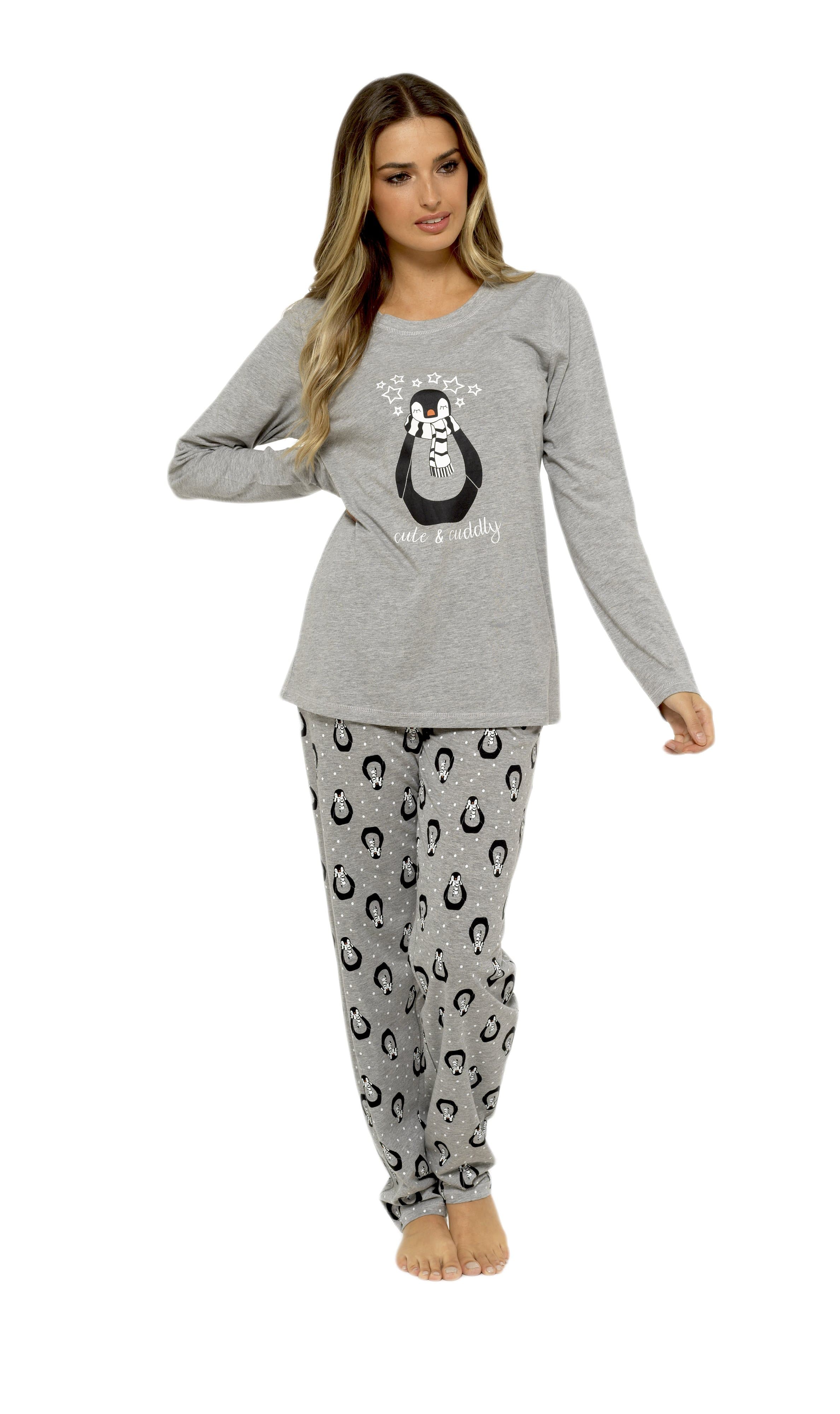 OLIVIA ROCCO Women's Cotton Pyjama Set – Grey Penguin Stars Nightwear