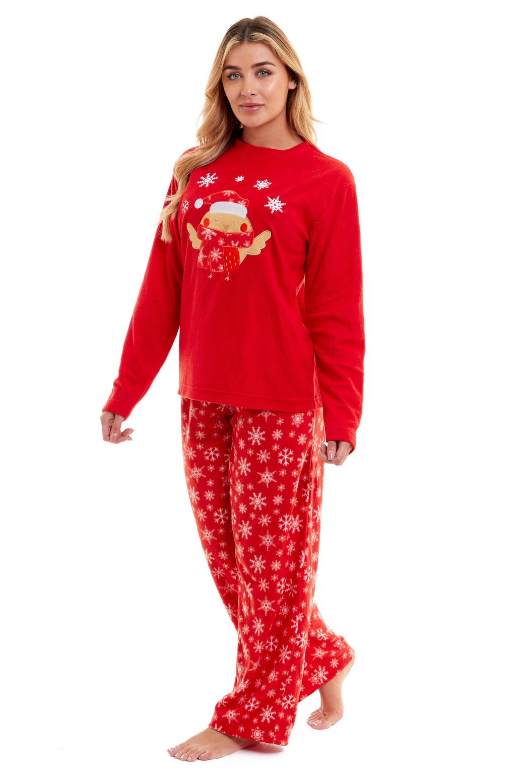 OLIVIA ROCCO Women's Polar Fleece Pyjama Set – Festive Robin Nightwear