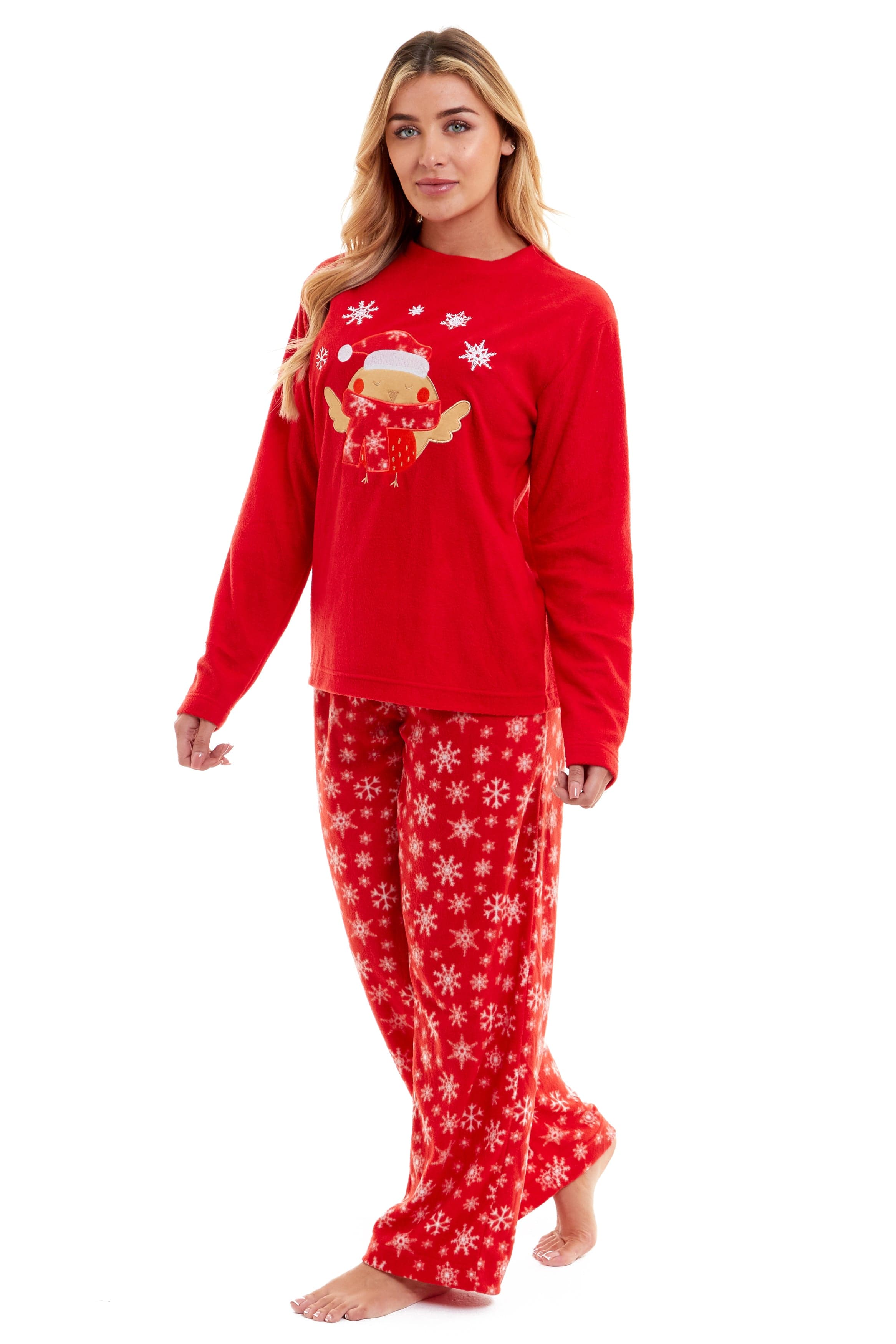 OLIVIA ROCCO Women's Polar Fleece Pyjama Set – Festive Robin Nightwear
