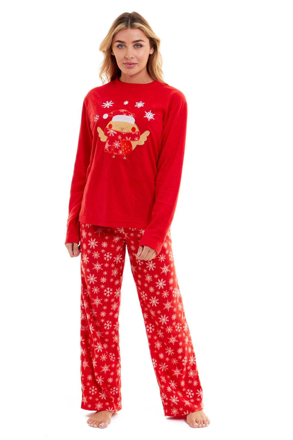 OLIVIA ROCCO Women's Polar Fleece Pyjama Set – Festive Robin Nightwear