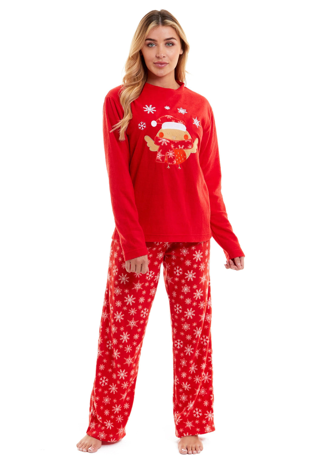 OLIVIA ROCCO Women's Polar Fleece Pyjama Set – Festive Robin Nightwear