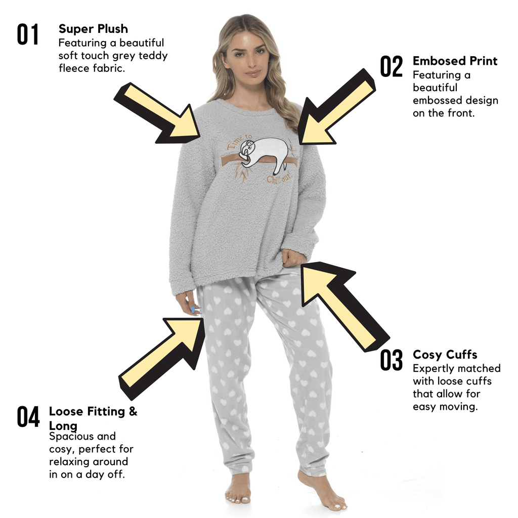 OLIVIA ROCCO Women's Sloth Teddy Fleece Pyjama Set | Plush Nightwear
