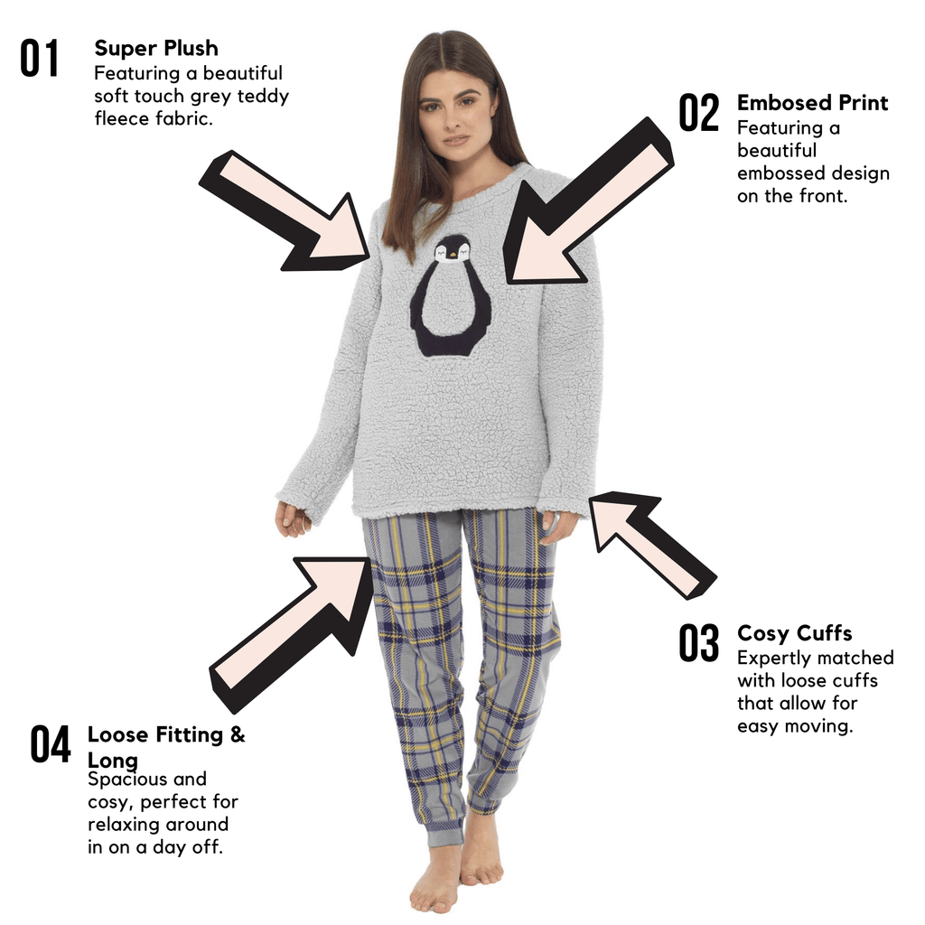 OLIVIA ROCCO Women's Teddy Fleece Penguin Pyjama Set – Cosy Nightwear