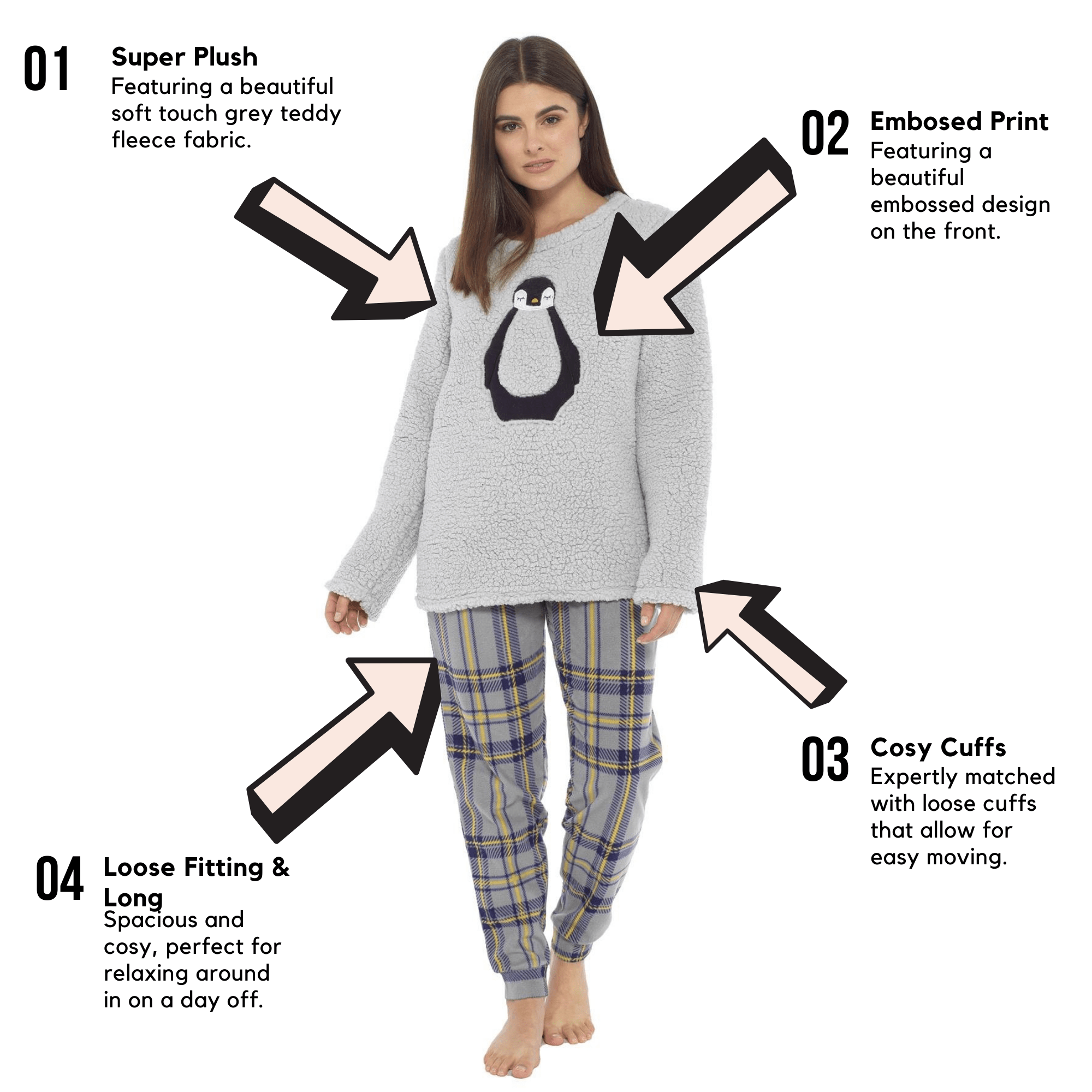 OLIVIA ROCCO Women's Teddy Fleece Penguin Pyjama Set – Cosy Nightwear