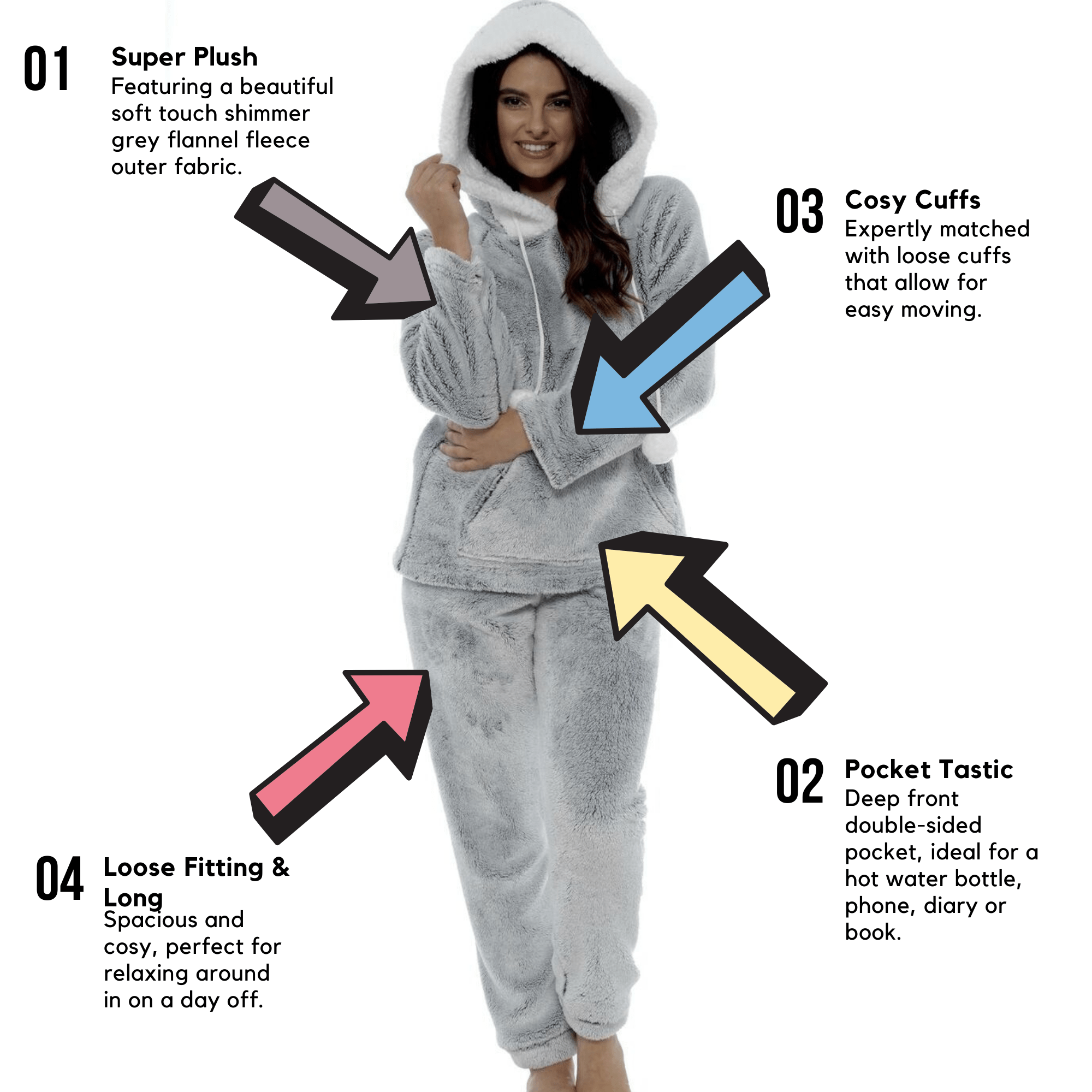 OLIVIA ROCCO Women's Shimmer Grey Plush Fleece Hooded Pyjama Set