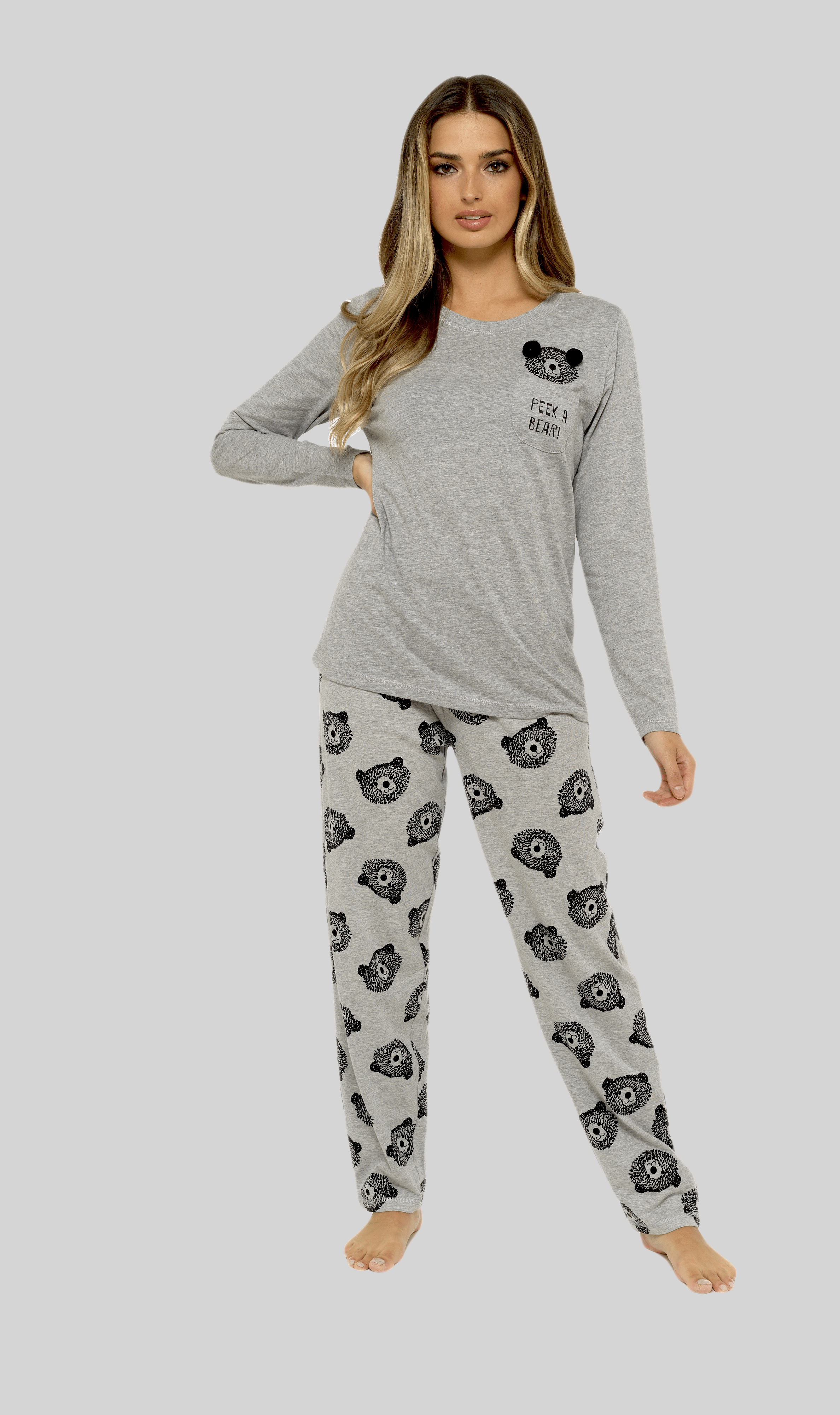 OLIVIA ROCCO Women's Cotton Pyjama Set – Grey Teddy Bear Nightwear