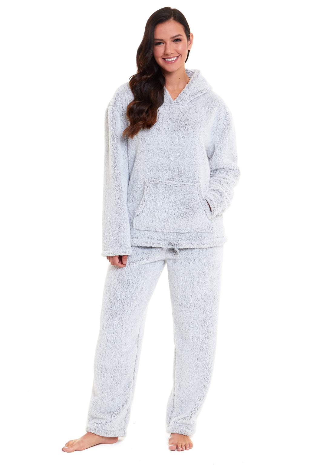 OLIVIA ROCCO Women's Plush Teddy Fleece Hooded Pyjama Set – Grey Loungewear