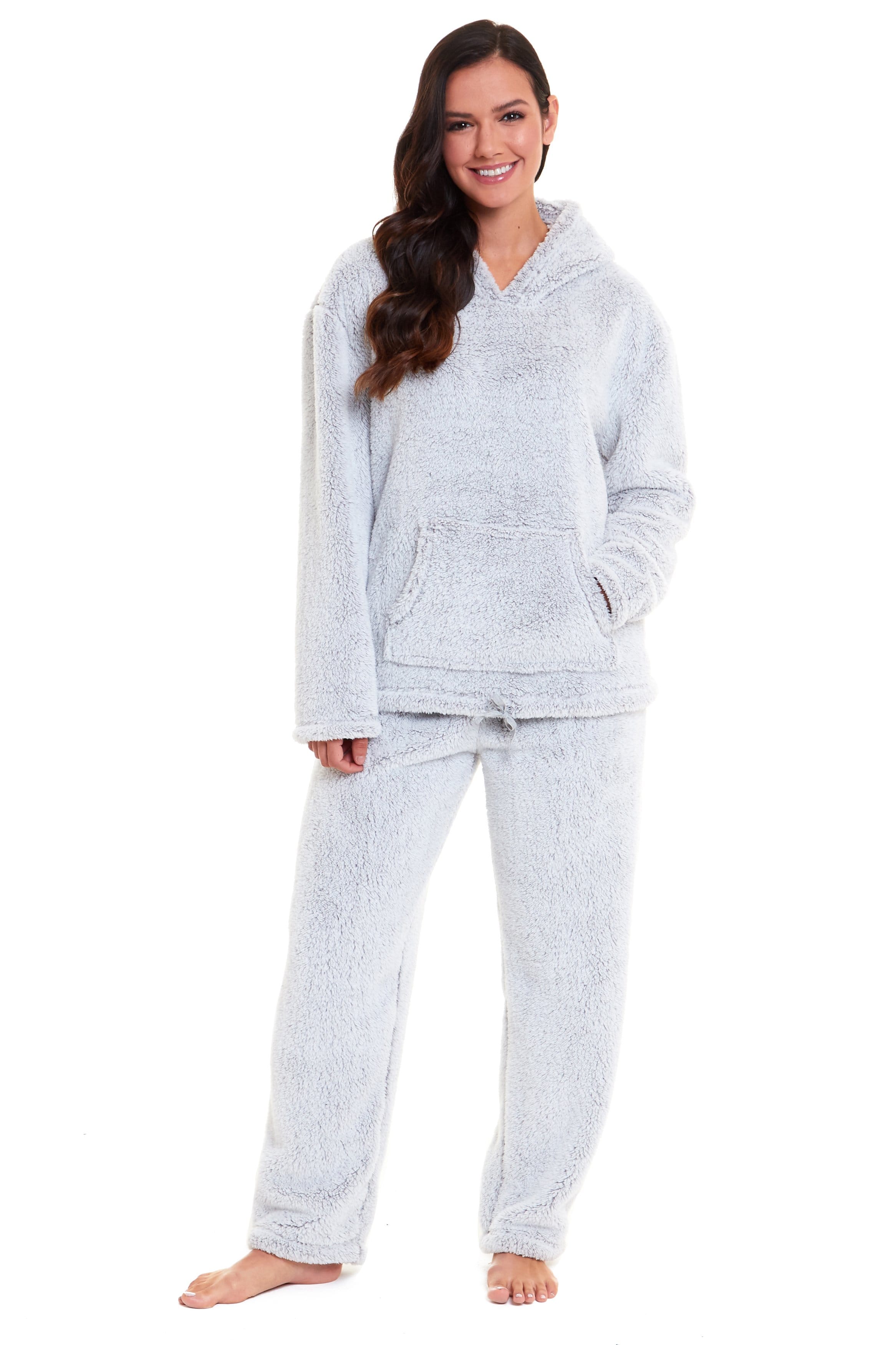 OLIVIA ROCCO Women's Plush Teddy Fleece Hooded Pyjama Set – Grey Loungewear