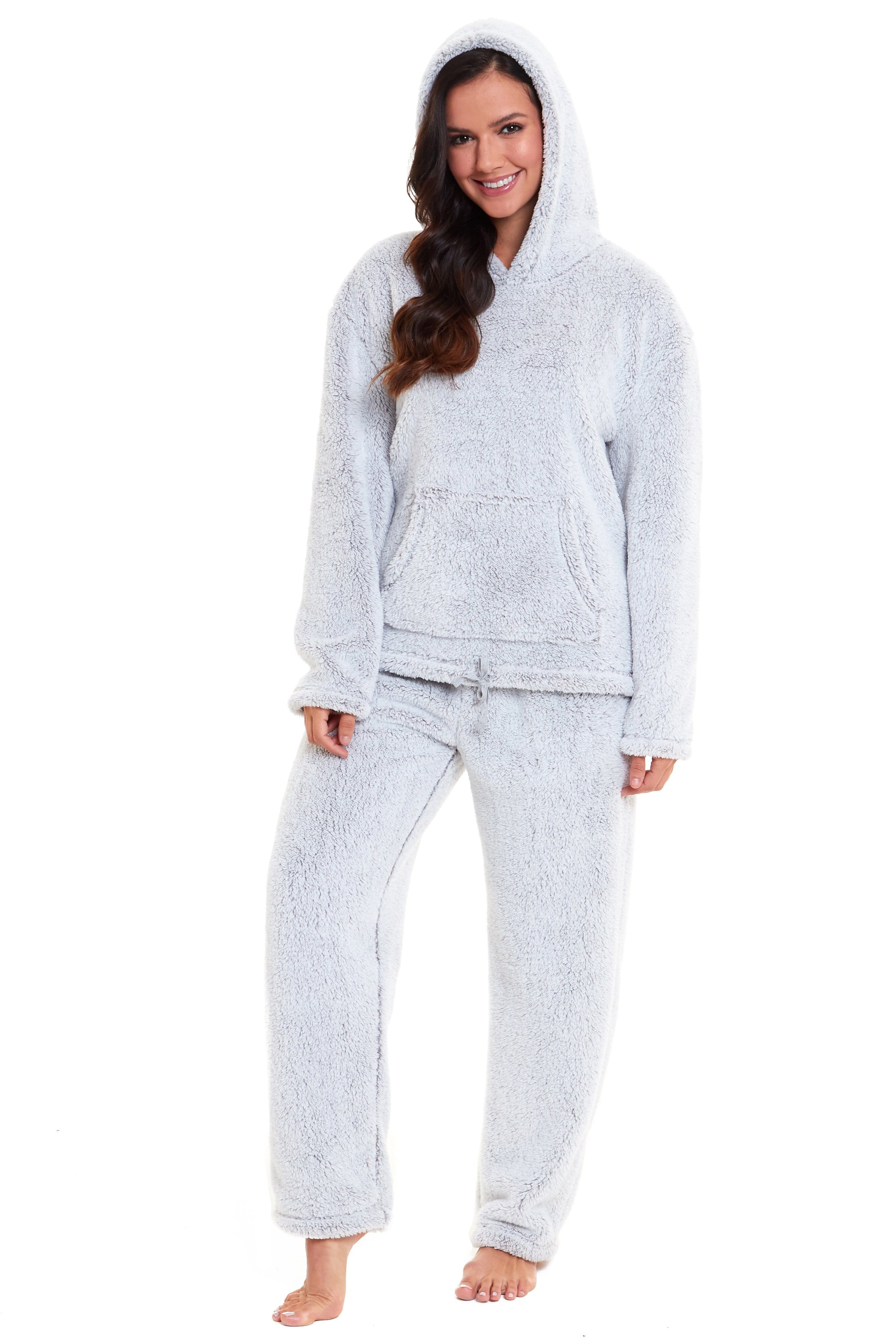 OLIVIA ROCCO Women's Plush Teddy Fleece Hooded Pyjama Set – Grey Loungewear