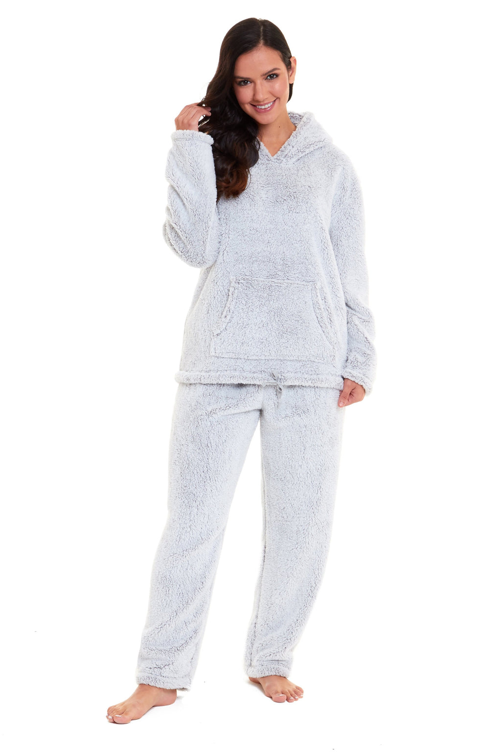 OLIVIA ROCCO Women's Plush Teddy Fleece Hooded Pyjama Set – Grey Loungewear