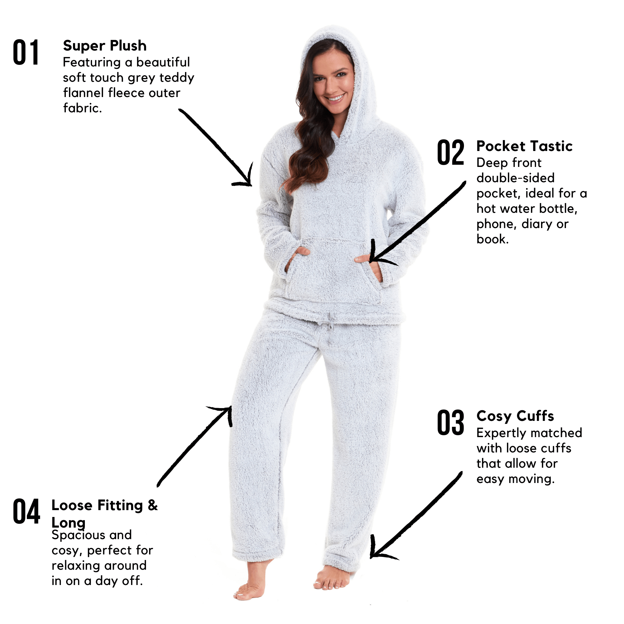 OLIVIA ROCCO Women's Plush Teddy Fleece Hooded Pyjama Set – Grey Loungewear