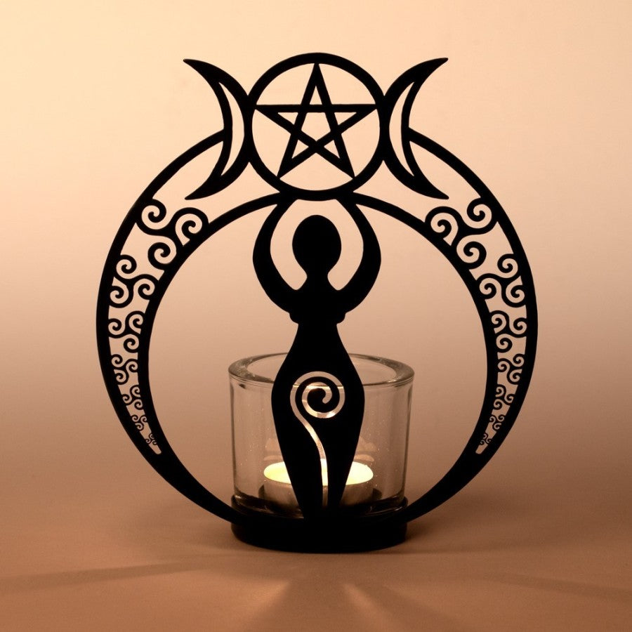 Alchemy Gothic Danu Goddess Tealight Holder | Triple Moon Iron Decor