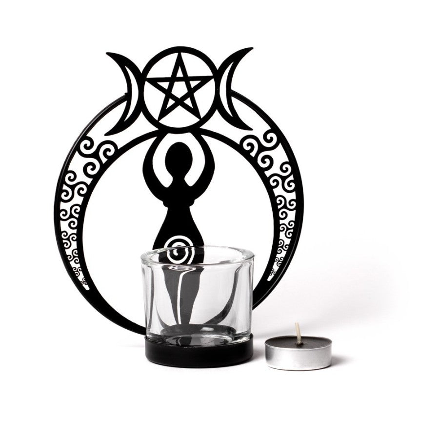 Alchemy Gothic Danu Goddess Tealight Holder | Triple Moon Iron Decor