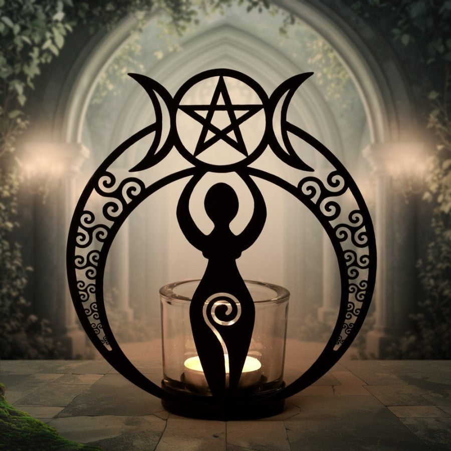 Alchemy Gothic Danu Goddess Tealight Holder | Triple Moon Iron Decor