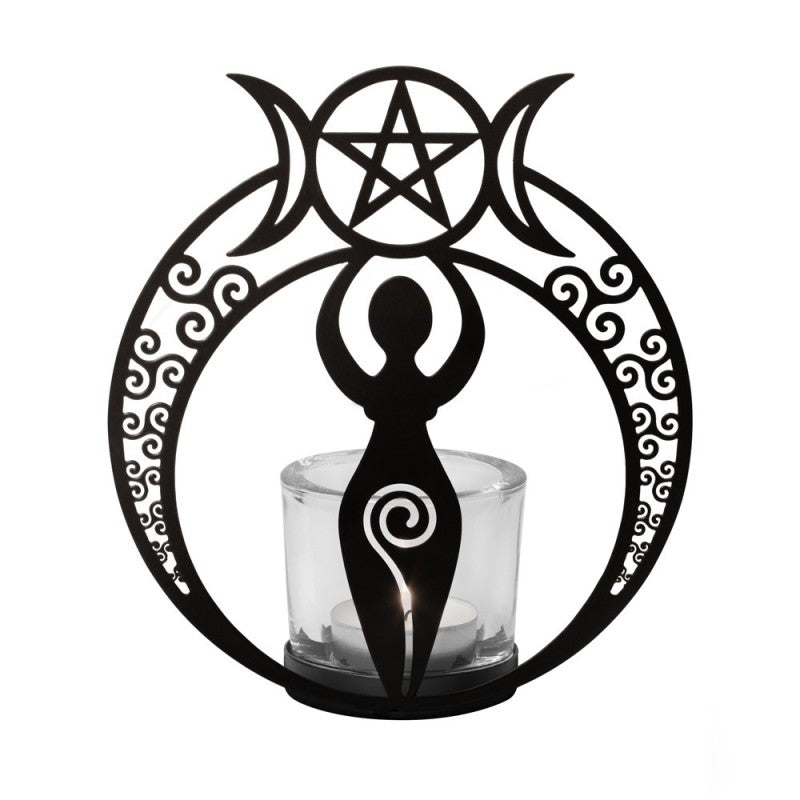 Alchemy Gothic Danu Goddess Tealight Holder | Triple Moon Iron Decor