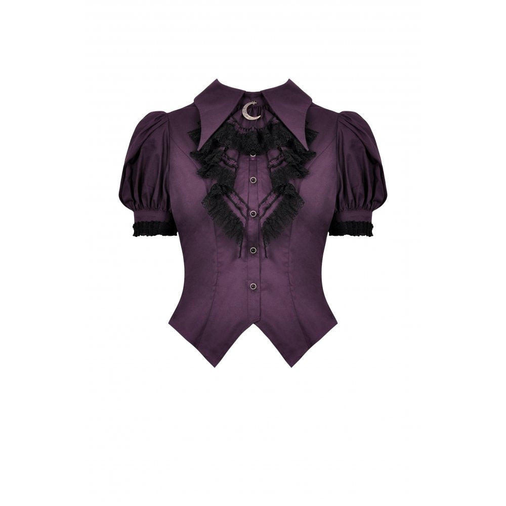 Dark In Love Druantia Blouse – Deep Purple Cotton Gothic Puff Sleeve Top