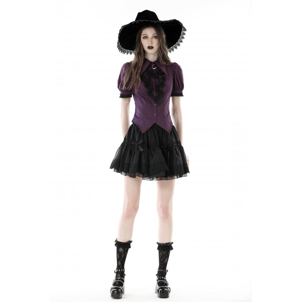 Dark In Love Druantia Blouse – Deep Purple Cotton Gothic Puff Sleeve Top