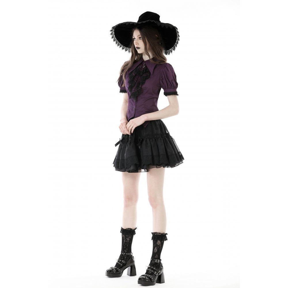 Dark In Love Druantia Blouse – Deep Purple Cotton Gothic Puff Sleeve Top