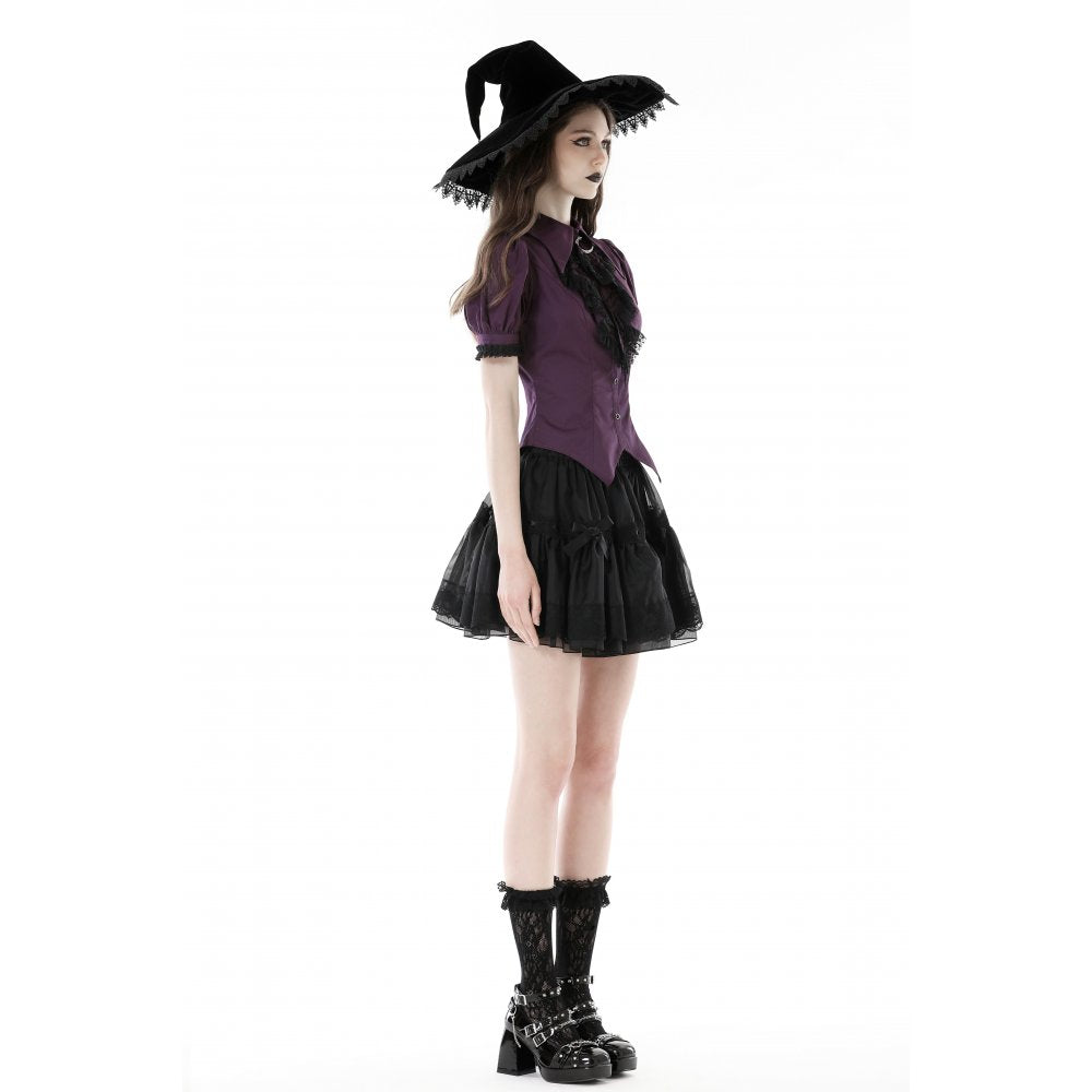 Dark In Love Druantia Blouse – Deep Purple Cotton Gothic Puff Sleeve Top