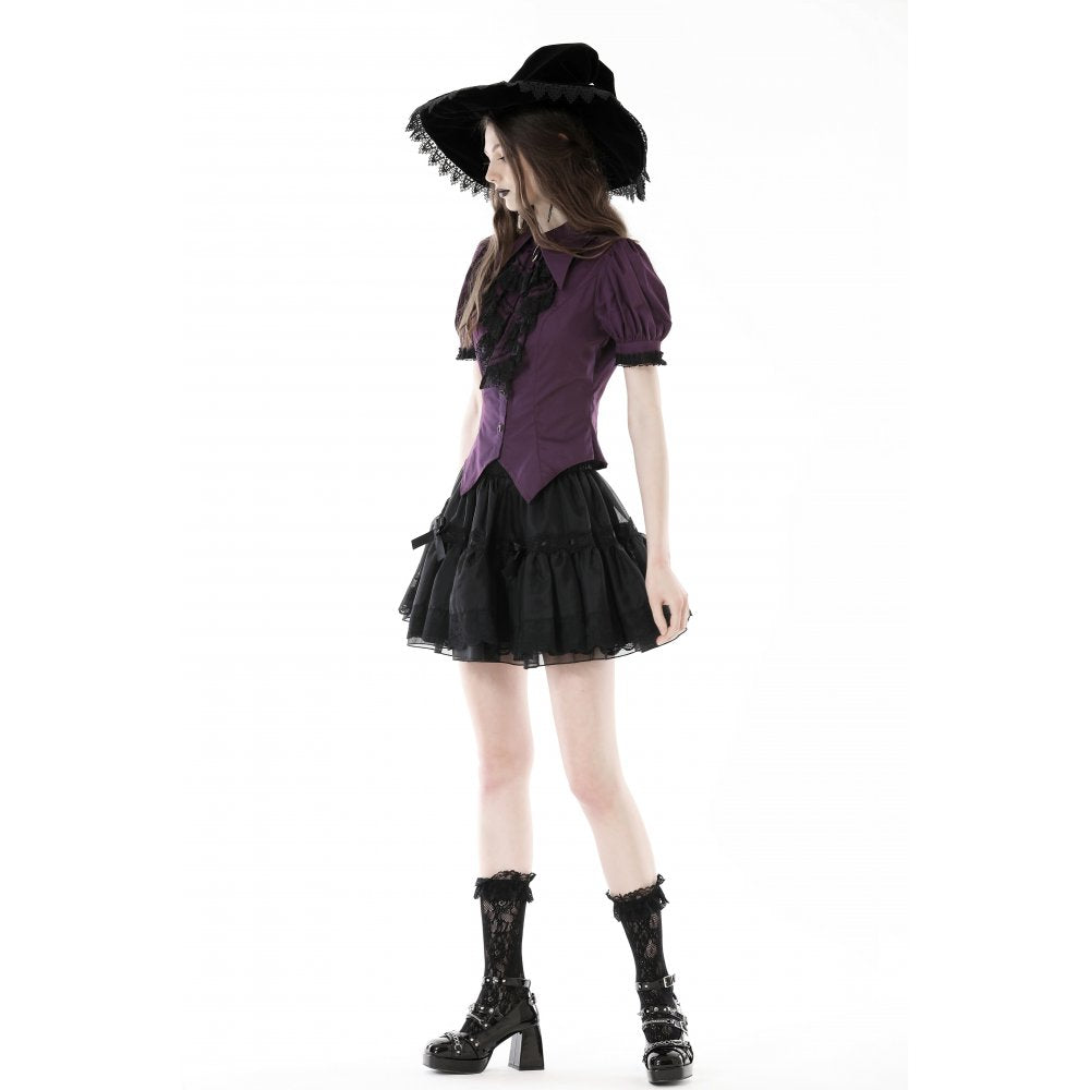 Dark In Love Druantia Blouse – Deep Purple Cotton Gothic Puff Sleeve Top