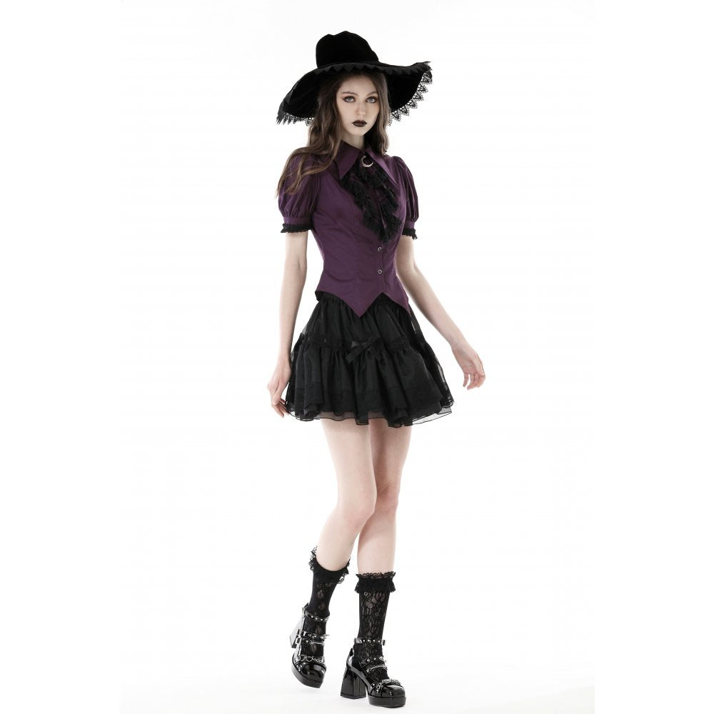 Dark In Love Druantia Blouse – Deep Purple Cotton Gothic Puff Sleeve Top