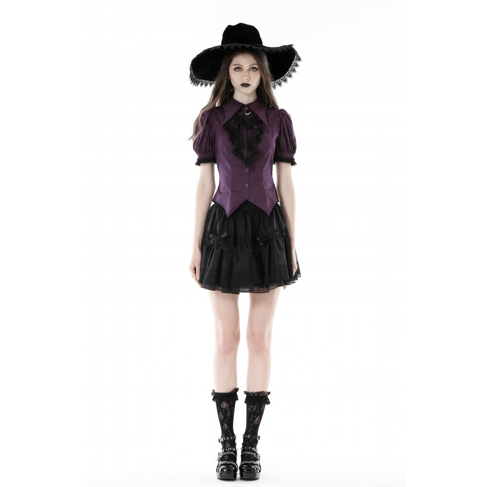Dark In Love Druantia Blouse – Deep Purple Cotton Gothic Puff Sleeve Top