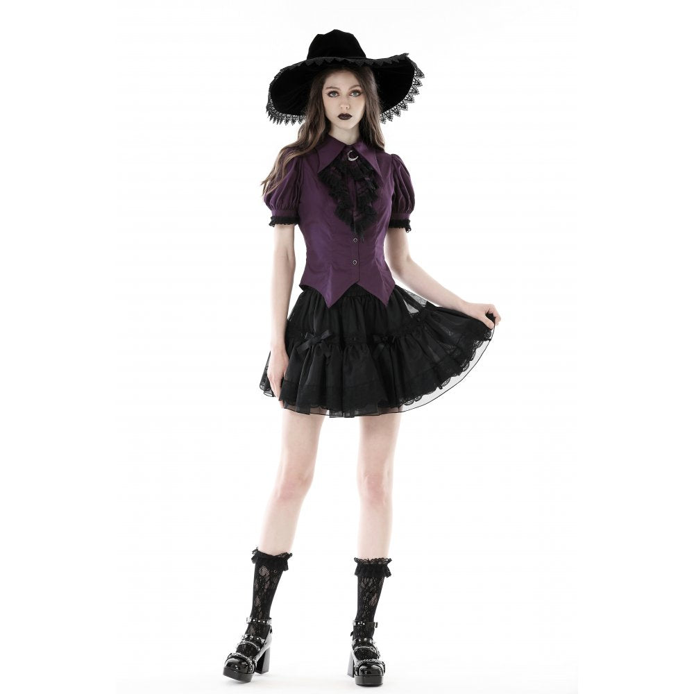 Dark In Love Druantia Blouse – Deep Purple Cotton Gothic Puff Sleeve Top