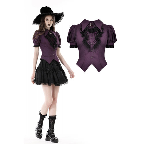 Dark In Love Druantia Blouse – Deep Purple Cotton Gothic Puff Sleeve Top
