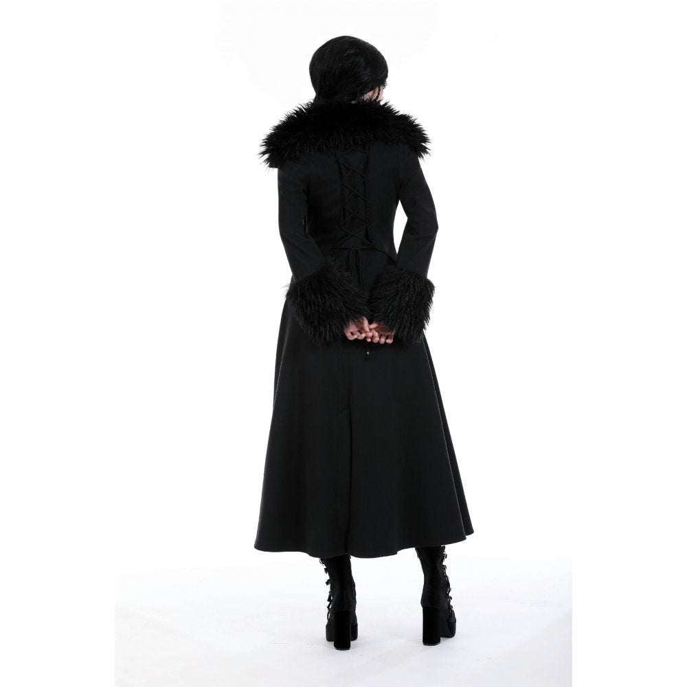 Dark In Love Haidee Long Gothic Coat – Faux Fur Collar & Lace Up Back