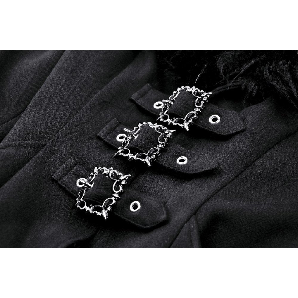 Dark In Love Haidee Long Gothic Coat – Faux Fur Collar & Lace Up Back