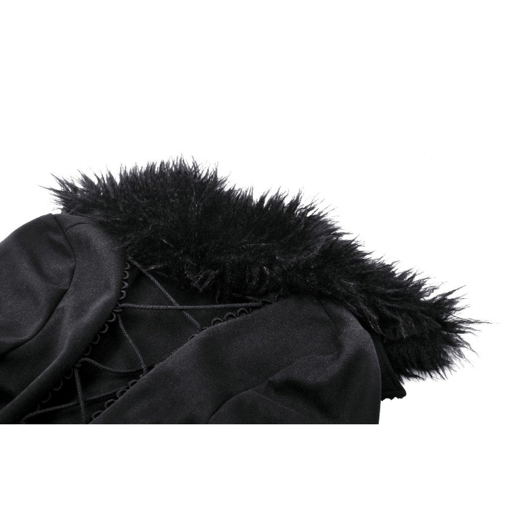 Dark In Love Haidee Long Gothic Coat – Faux Fur Collar & Lace Up Back