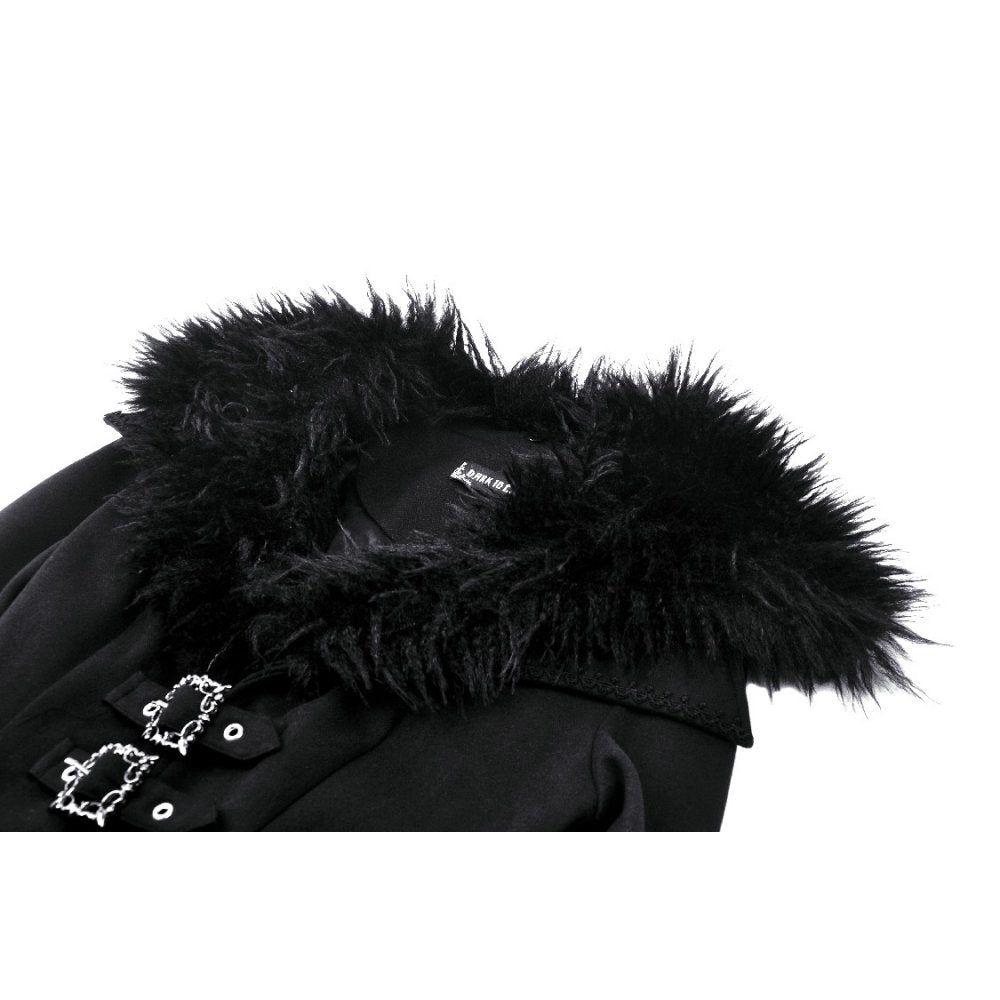 Dark In Love Haidee Long Gothic Coat – Faux Fur Collar & Lace Up Back